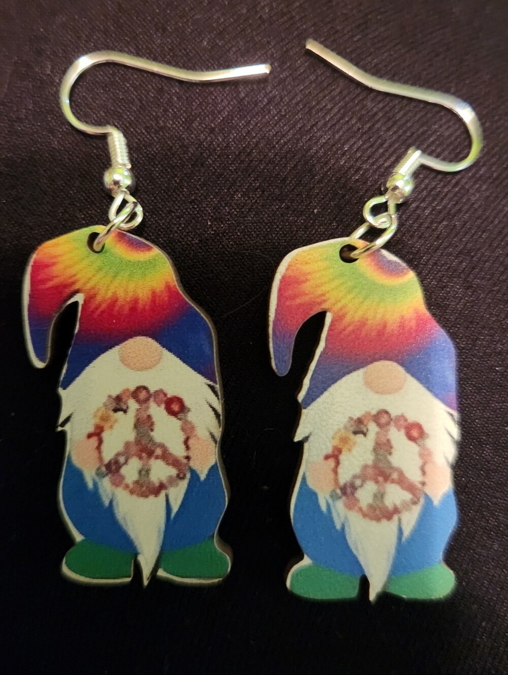 🎉 Flower Power Peace Themed Wooden Gnome Earrings